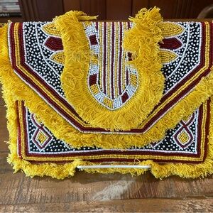 Yellow and Black Beaded Fringe Clutch